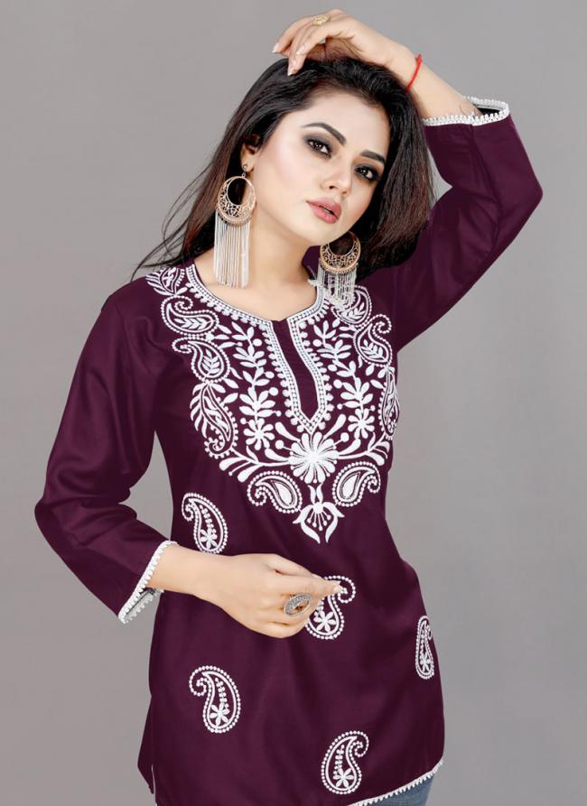 Rayon Wine Casual Wear Embroidery Work Readymade Kurti